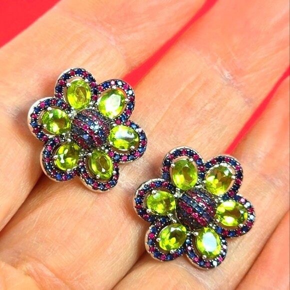 925 Sterling Silver Flower Earrings with Natural Peridot,  Ruby & Sapphire - Picture 5 of 10